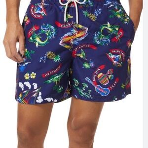 Ralph Lauren Boys LG 14/16 Navy Swim Trunks with Tropical Print